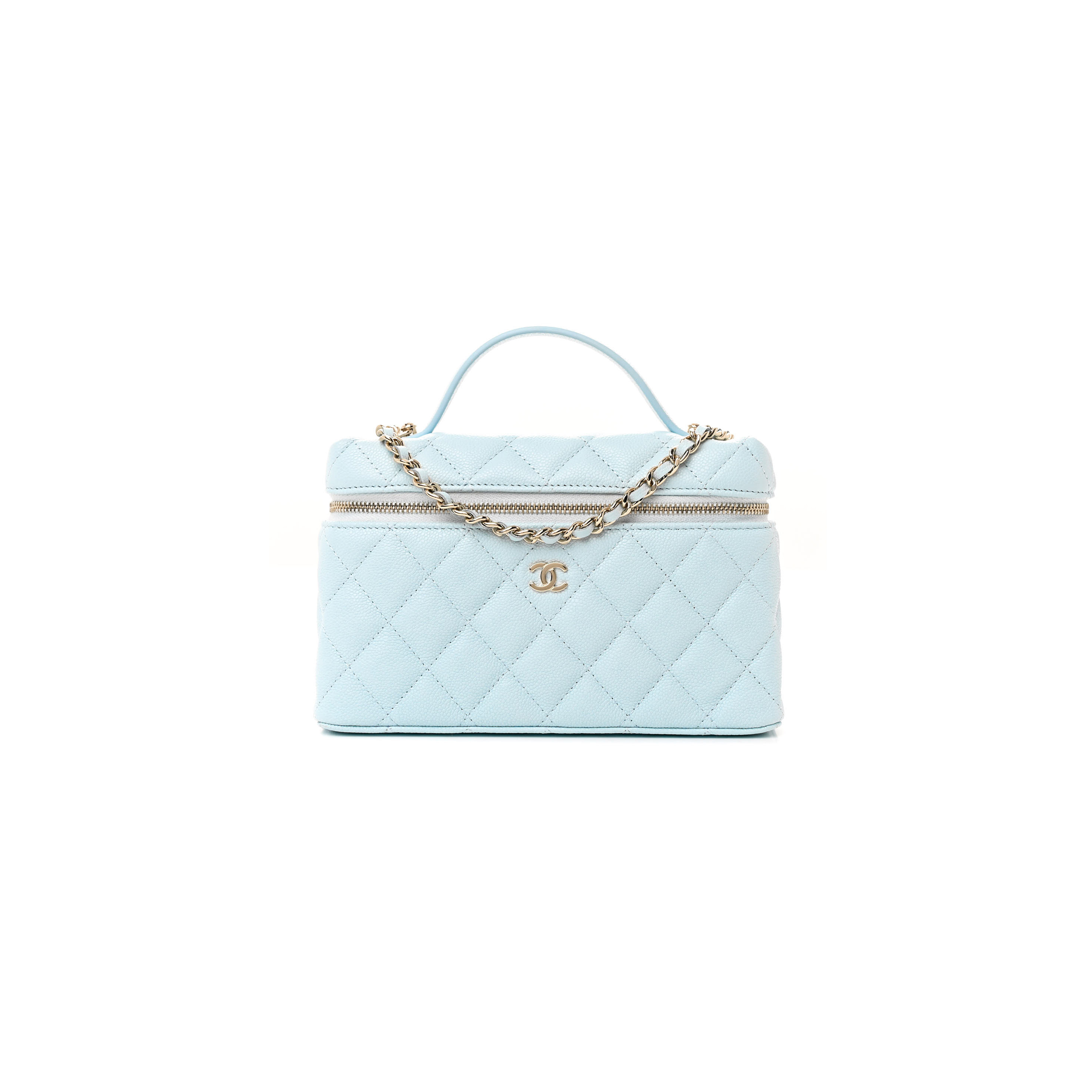 Ch*el cc top handle long vanity case with chain shiny caviar light gold hardware light blue ap4385 b10583 (19.5*17*5cm)